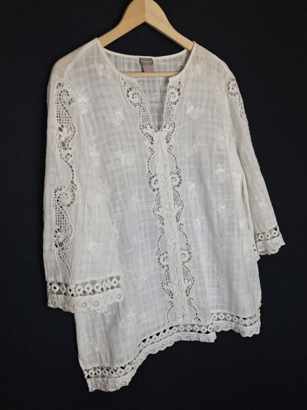 💙 Chico’s Oversized Size L/XL White Embroidered Lace Tunic Blouse Cotton Boho - Picture 6 of 8